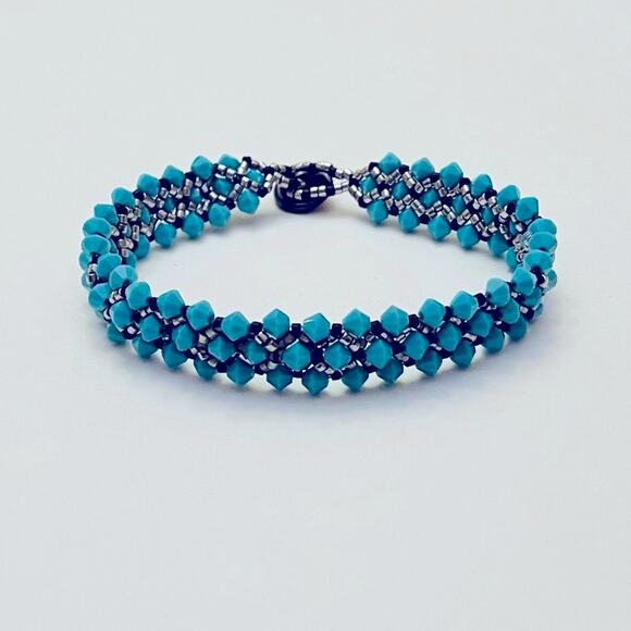 Handmade Netted Turquoise Bead Bracelet w/ Silver & Black Accents, Moon Face - Picture 2 of 8